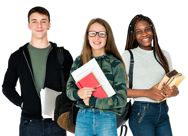 Image of three students holding notebooks and wearing backpacks